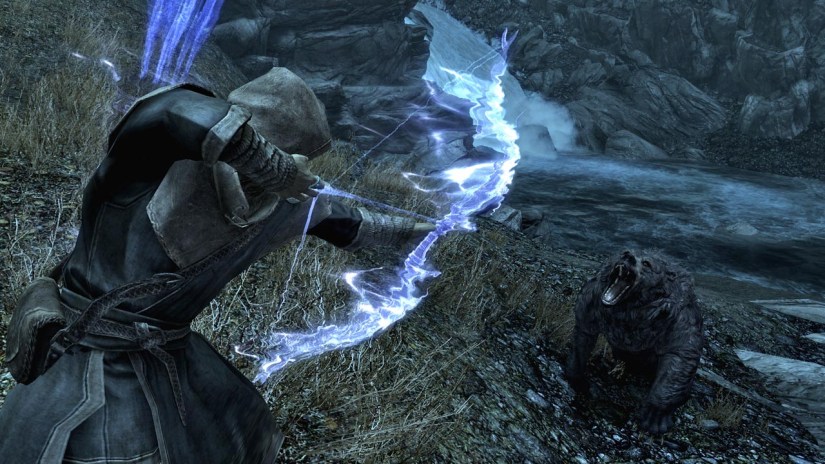 Mage with a conjured bow shooting a bear in Skyrim
