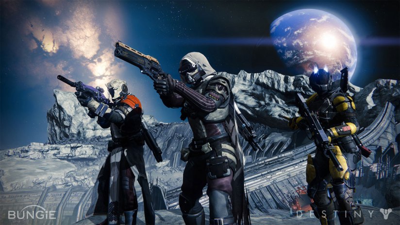 Three characters standing on the moon with full gear and weapons drawn in Destiny