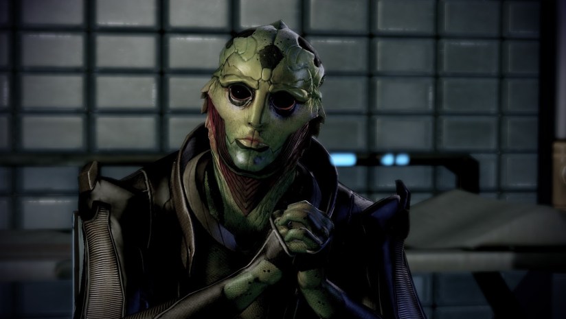 Thane sitting with folded hands in Mass Effect
