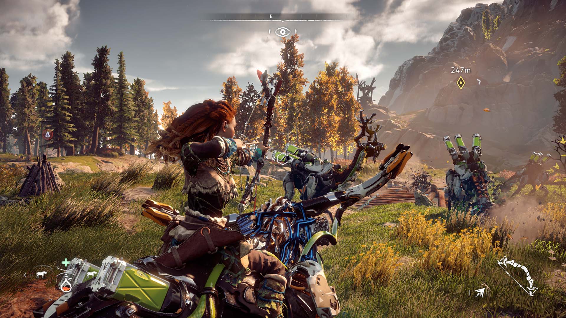 Aloy drawing her bow to shoot a machine in Horizon Zero Dawn