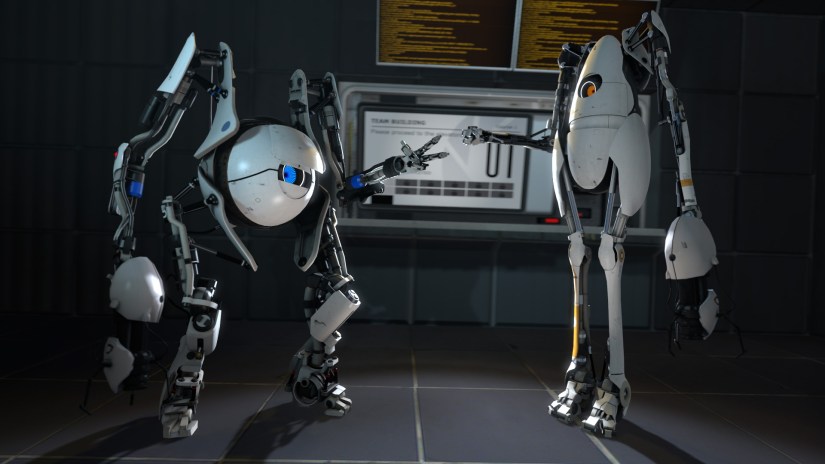 Portal 2 poster with two robot characters playing rock, paper, scissors