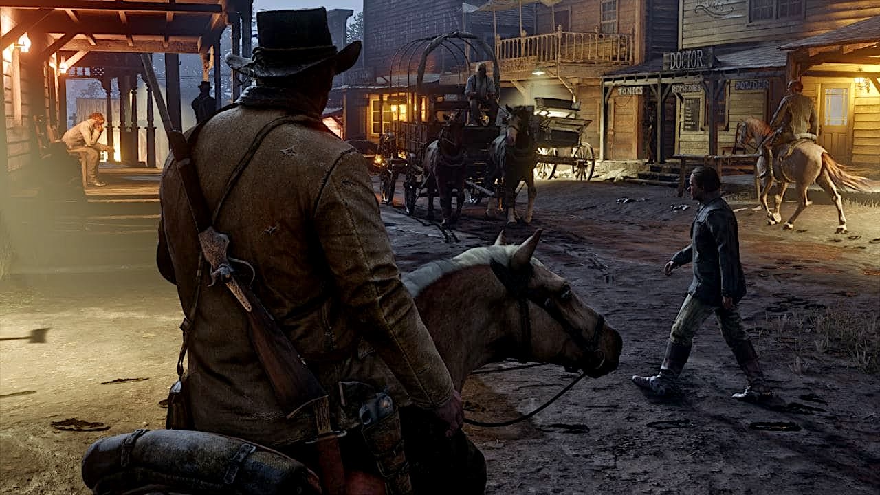 Arthur Morgan entering town on his horse in Red Dead Redemption 2
