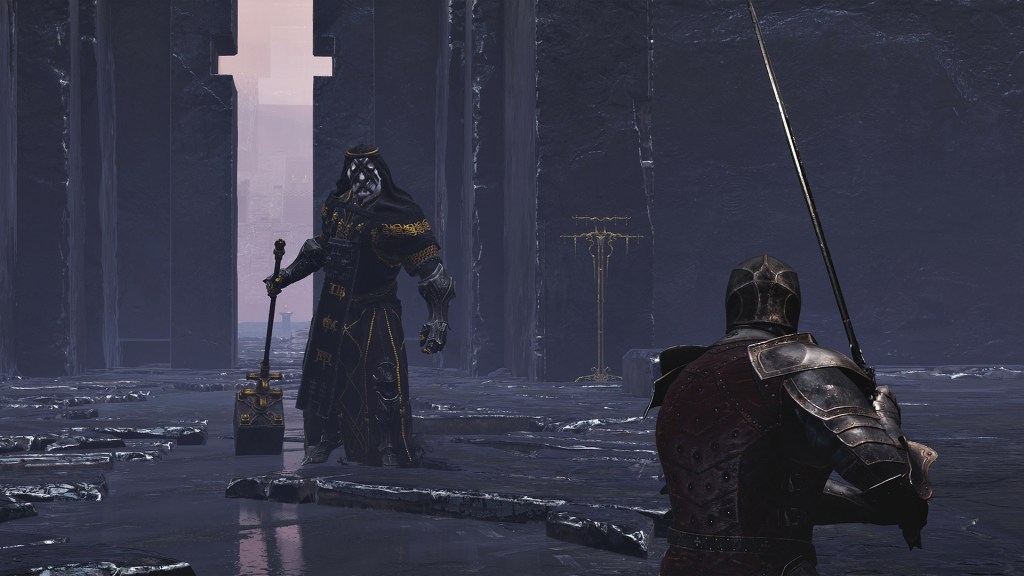Screenshot from Mortal Shell, facing a Heavy Cultist enemy, sword in hand