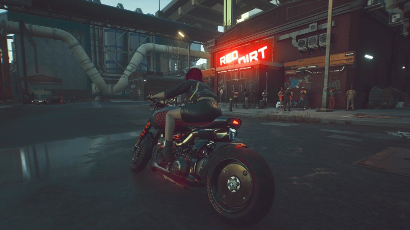 V on a motorcycle in Night City, Cyberpunk 2077 Photo Mode screenshot