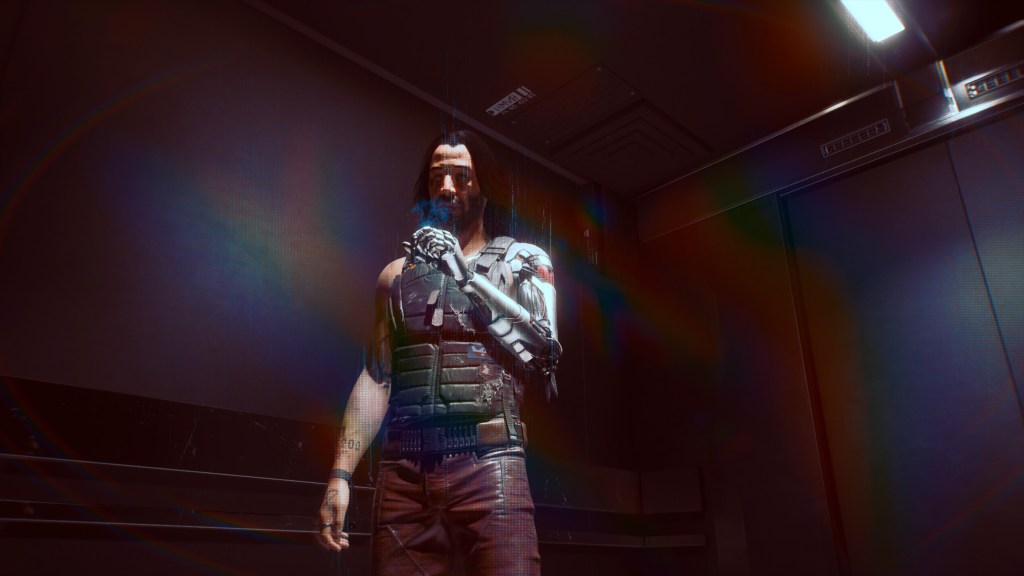 A portrait of Johnny Silverhand smoking a cigarette