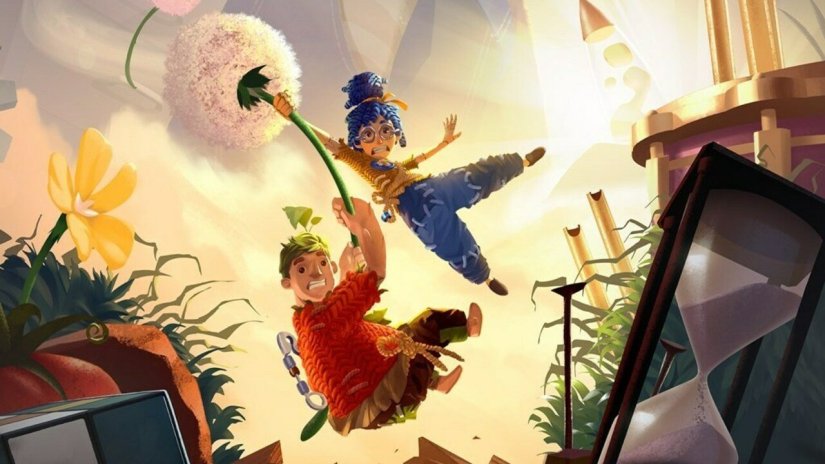 Cody and May grimacing and clinging to a flower stem while floating through the air in It Takes Two