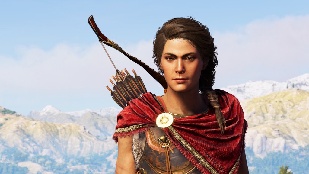 Close-up of Assassin's Creed Odyssey female protagonist with bow and arrows on her back