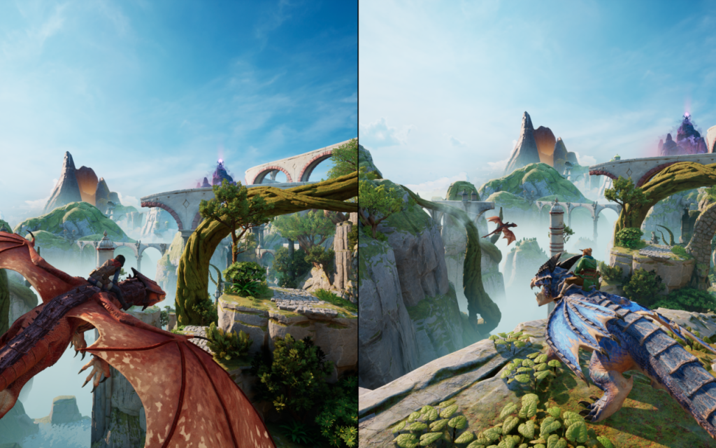 Split screen showing gameplay with dragons and a vast fantasy landscape with water and bridges and greenery