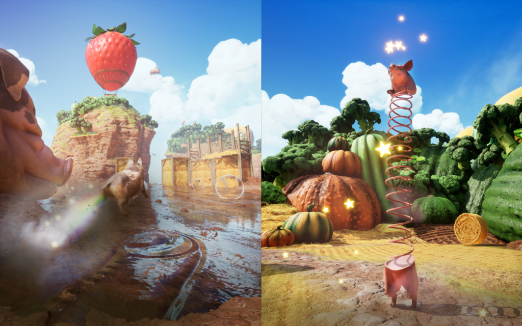 Split screen showing gameplay with pigs