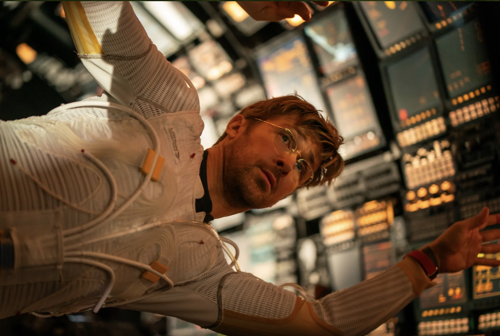 Astronaut Dr Grace, played by Ryan Gosling, floating in spaceship in Project Hail Mary