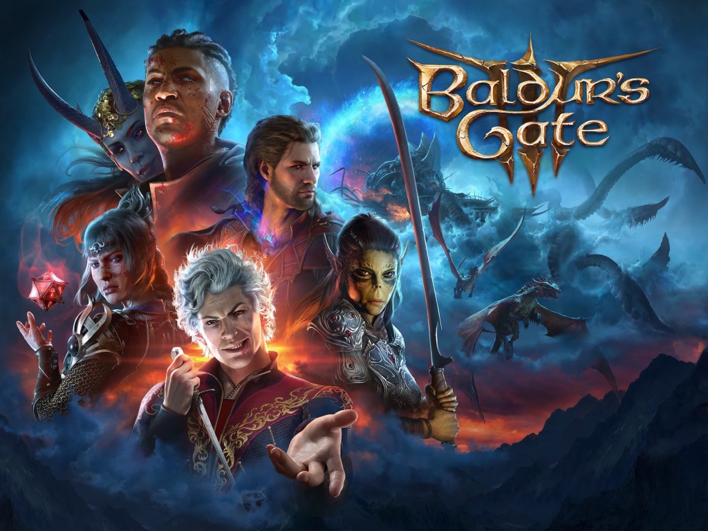 Baldur's Gate 3 poster with main characters and monsters in the background