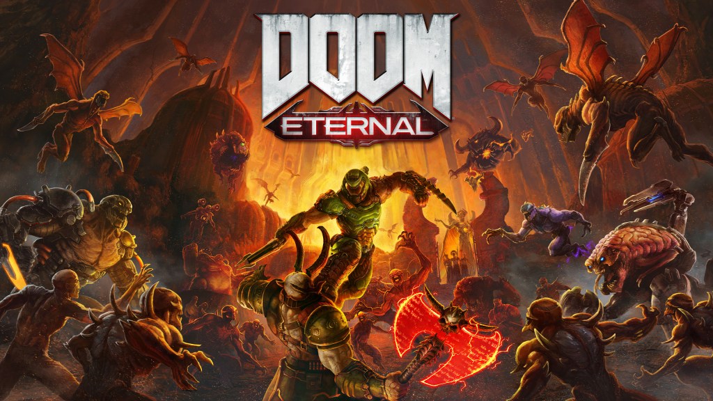 Doom Eternal poster with hell's minions and hero fighting them