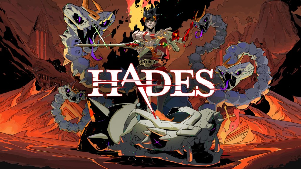 Hades poster with Greek gods and monsters in an illustrated comic book style