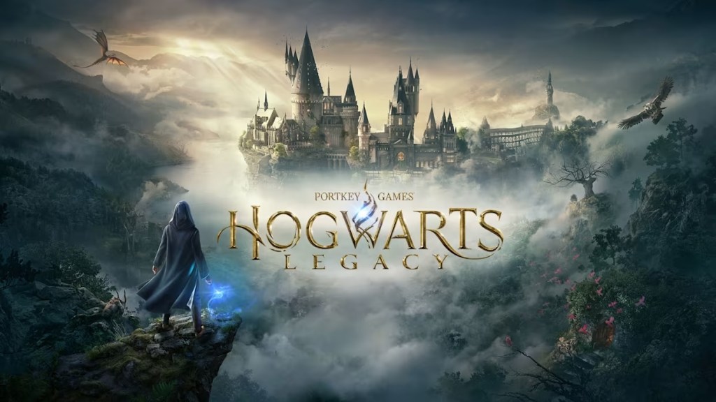Hogwarts Legacy poster, mist and fog, Hogwarts Castle in the distance