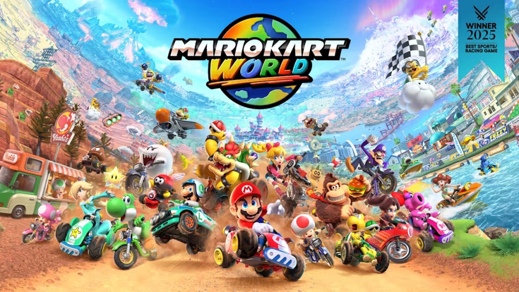 Mario Kart World poster with Mario and friends racing toward the screen
